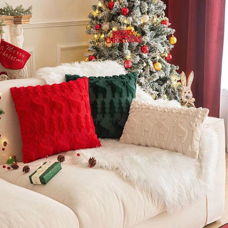 Festive Plush Snowflake & Christmas Tree Embroidered Sofa Cushion Cover|Home Decor & Living Room Accessories