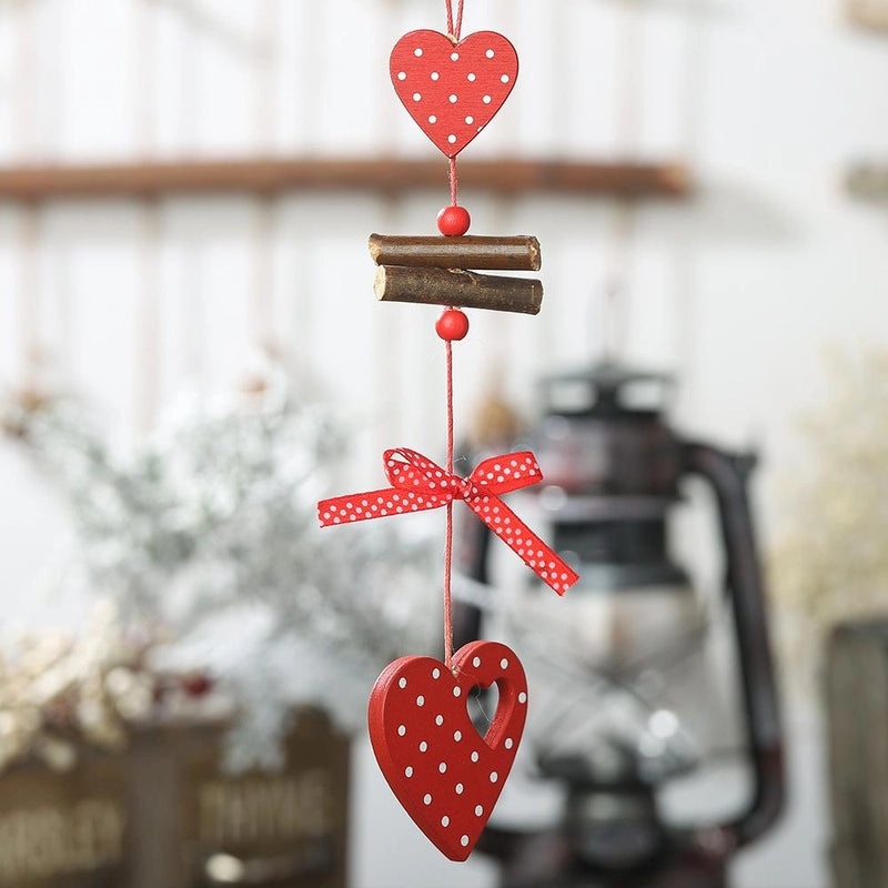 Festive Red Polka Dot Wooden Five-Star Christmas Tree Pendant with Bow and Heart Charm|Holiday Jewelry
