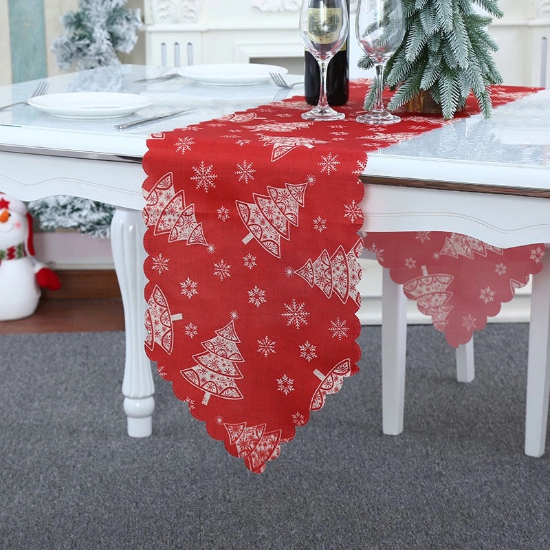 Festive Calico Table Runner with Christmas Ornaments Design|Home Decor & Table Linens
