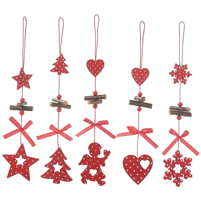 Festive Red Polka Dot Wooden Five-Star Christmas Tree Pendant with Bow and Heart Charm|Holiday Jewelry