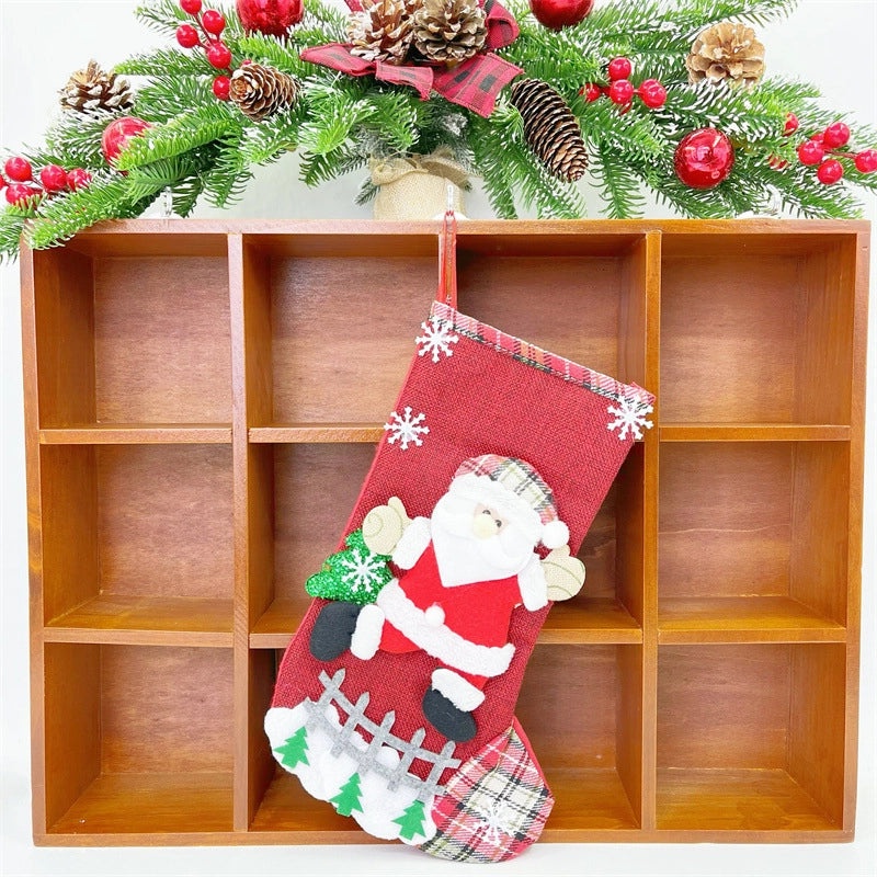 Linen Large Christmas Stockings Holiday Gift Bags Apple Design Festive Decorations|Christmas Decorations & Gifts