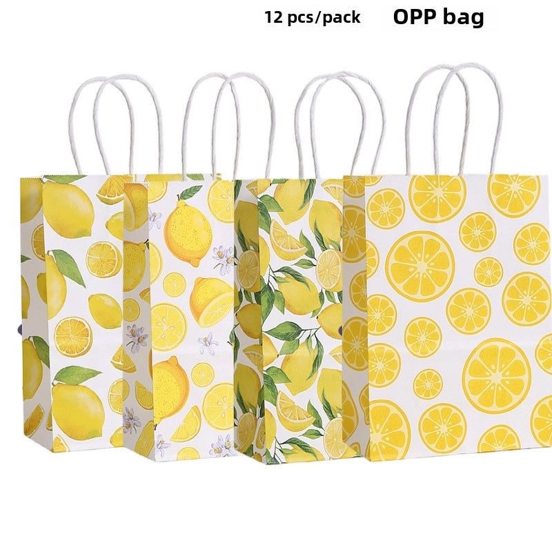 12 Pieces Lemon Print Handbags Fruit Shopping Gift Bags Casual Seaside Kraft Paper Tote Bags|Bags & Accessories