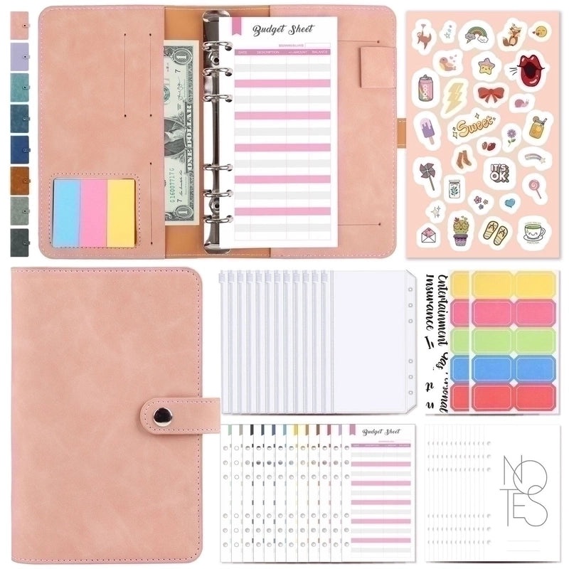 A6 Macaron Leather Refillable Loose-leaf Notebook with 12 Zipper Bags | Stationery & Office Supplies