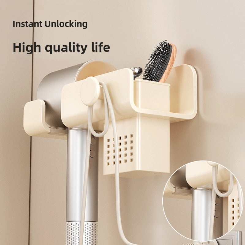 Cream White Wall-mounted Hair Dryer Holder Punch-free Bathroom Storage Rack Electric Device Bracket|Bathroom Accessories