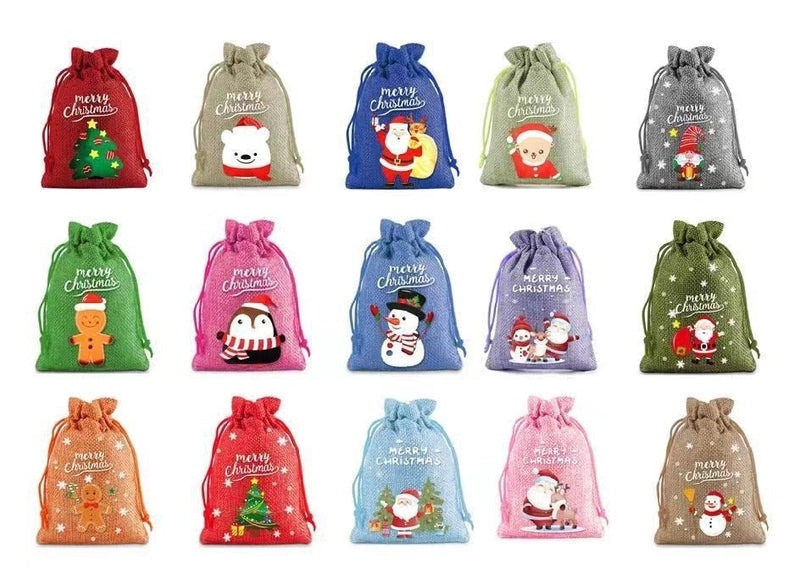 Festive Christmas Santa Snowman Linen Gift Bags for Holiday Party Decor|Holiday Decorations