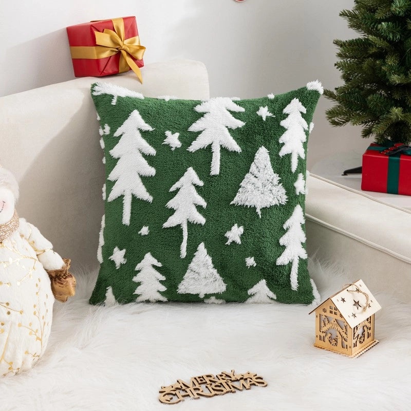 Christmas Fleece Pillow Cover with Jacquard Tree and Elk Design|Home Decor & Holiday Decorations