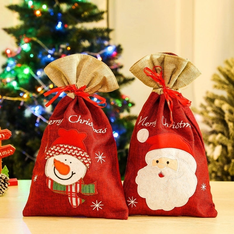 Cute Christmas Santa and Snowman Linen Gift Bags|Holiday Party Favor Bags