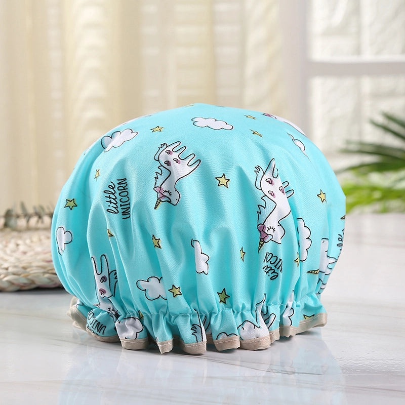 Waterproof Double Layer Shower Cap for Women Cartoon Print Hair Protection PVCPE Material|Women’s Bath & Shower Accessories