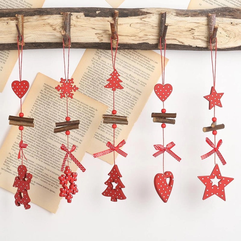 Festive Red Polka Dot Wooden Five-Star Christmas Tree Pendant with Bow and Heart Charm|Holiday Jewelry