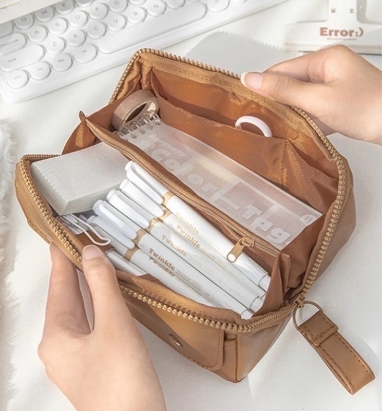 Korean Style Solid Color PU Leather Letter Pencil Case for Students|Stationery & Office Supplies