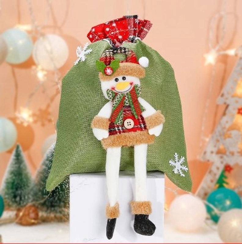 Cute Christmas Santa and Snowman Linen Gift Bags|Holiday Party Favor Bags