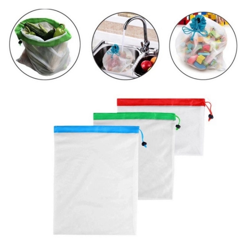 Reusable Patchwork Polyester Mesh Produce Bag with Drawstring | Grocery Storage & Shopping Bags