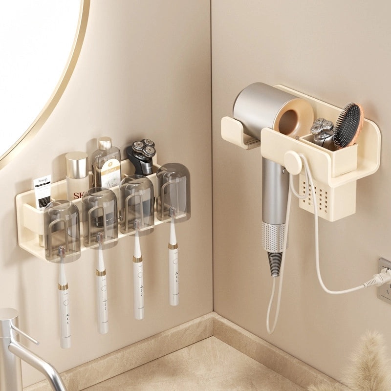 Cream White Wall-mounted Hair Dryer Holder Punch-free Bathroom Storage Rack Electric Device Bracket|Bathroom Accessories