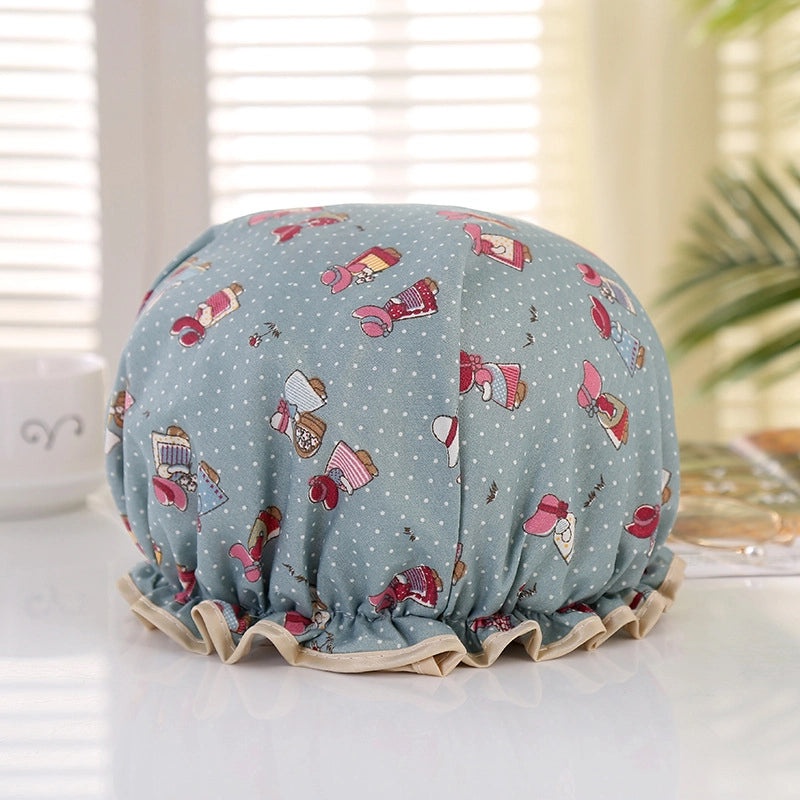 Waterproof Double Layer Shower Cap for Women Cartoon Print Hair Protection PVCPE Material|Women’s Bath & Shower Accessories