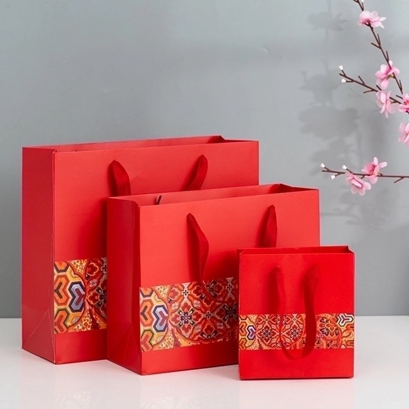 Chinese New Year Red Printed Wide Rope Gift Bag Portable Paper Return Gift Bag|Gift Bags & Packaging