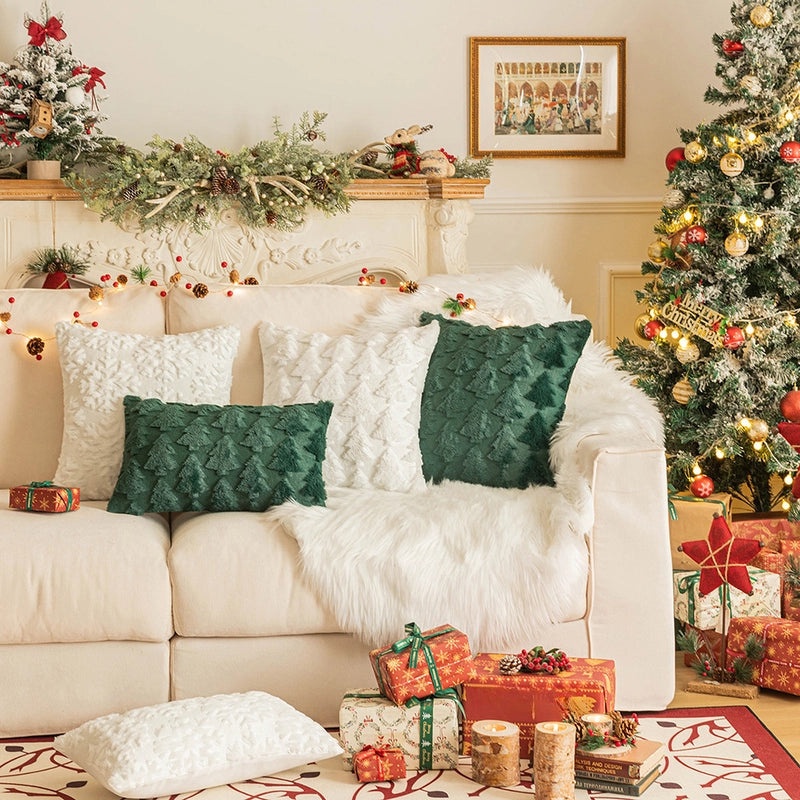 Festive Plush Snowflake & Christmas Tree Embroidered Sofa Cushion Cover|Home Decor & Living Room Accessories
