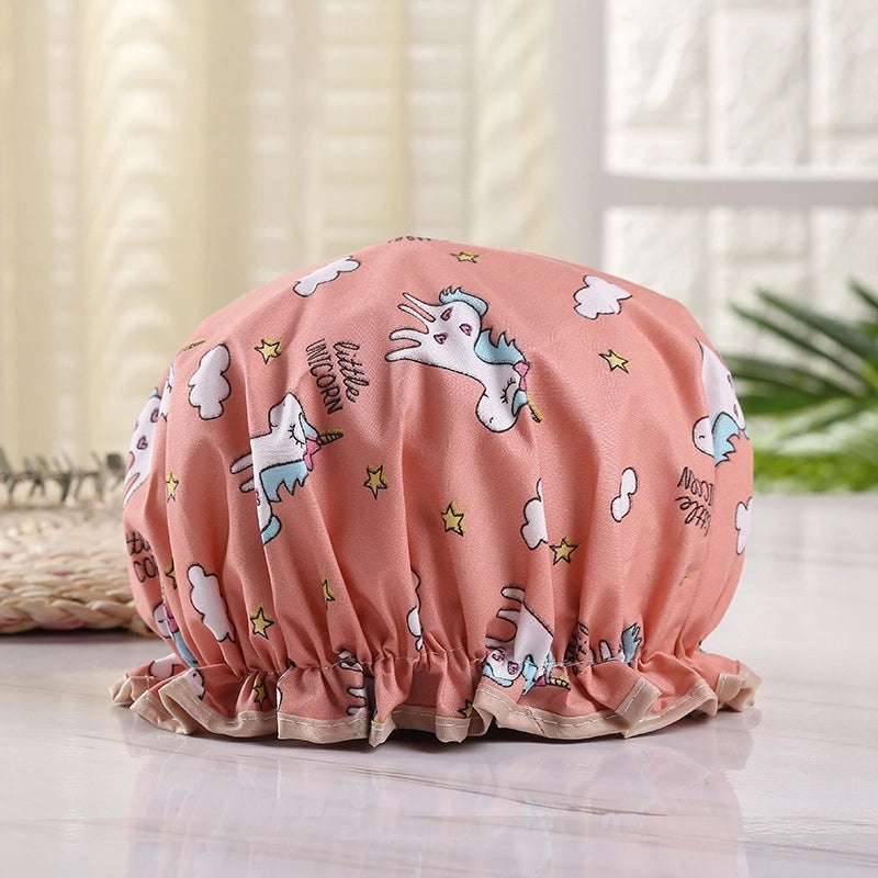 Waterproof Double Layer Shower Cap for Women Cartoon Print Hair Protection PVCPE Material|Women’s Bath & Shower Accessories