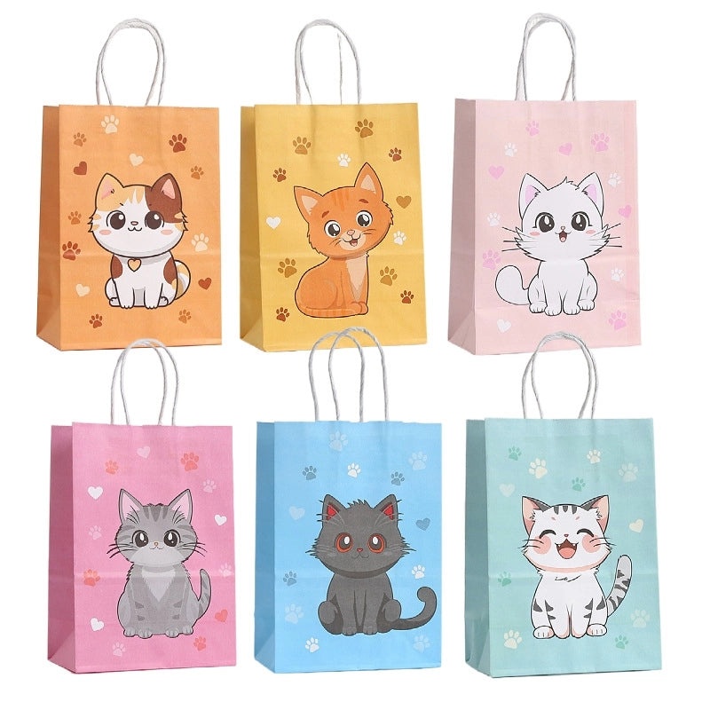 Cartoon Cat Printed Kraft Paper Tote Bag Reusable Gift Shopping Bag|Shopping Bags & Packaging