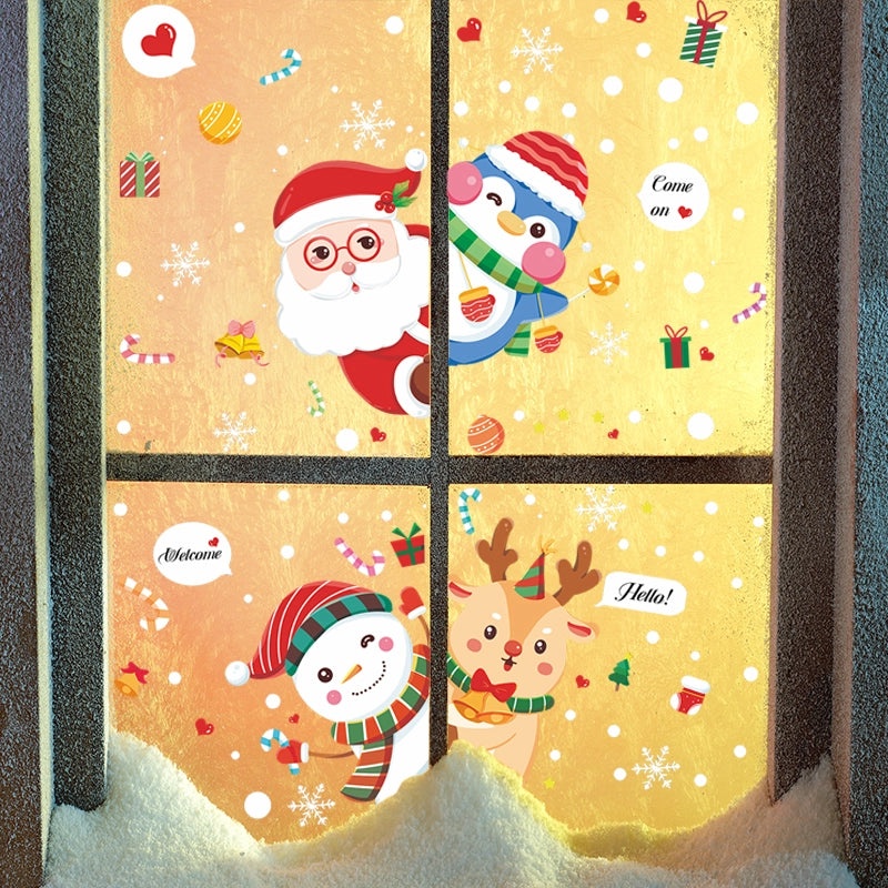 Festive Christmas Penguin Santa Reindeer PVC Window and Door Stickers|Home Decor and Seasonal Decorations