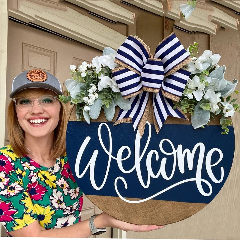 Year-Round Wooden Letter Wreath with Green Bow and Aquatic Plants | Home Decor & Door Hangings