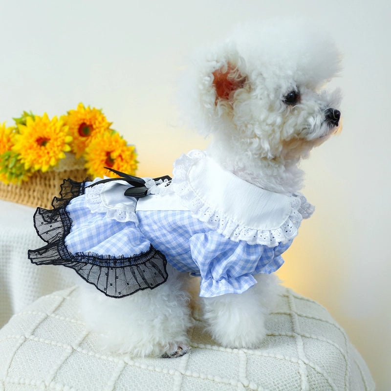 Blue White Plaid Dog Dress with Doll Collar Spring Summer Medium Small Pet Clothes|Pet Apparel & Accessories