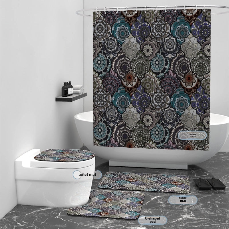 Digital Printed Geometric Round Waterproof Polyester Bathroom Shower Curtain Set of 4 | Home & Bathroom Accessories