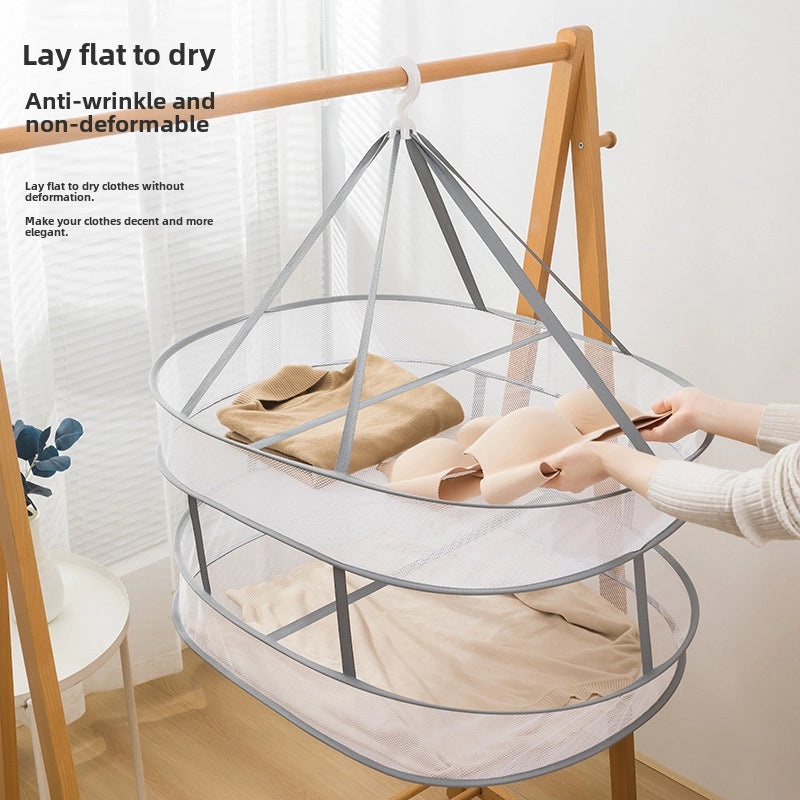 Windproof Foldable Clothes Basket with Three-Layer Sweater and Tile Drying Net | Home Storage & Organization