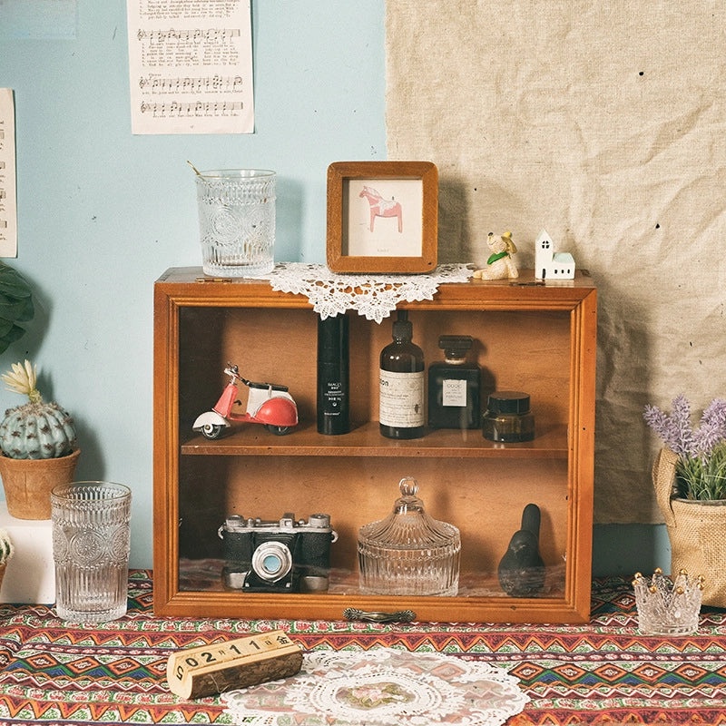 Handmade Vintage Wooden Flip Dustproof Storage Cabinet for Home Study Cosmetic Organizer Toy Display Rack|Home Storage & Organization