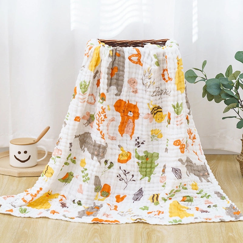 Children's Six-Layer Cotton Gauze Quilt Cartoon Printed Baby Bath Towel Soft Pleated Cover Blanket | Baby Bedding & Bath Essentials