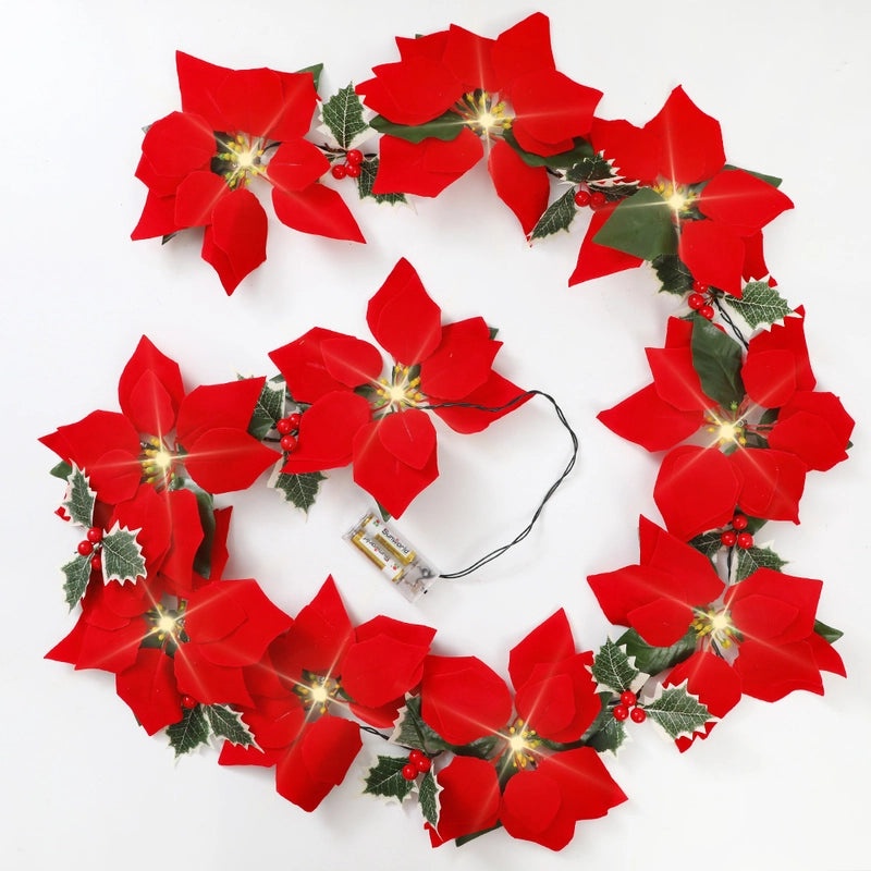 LED Poinsettia Light String with Red Fruit for Christmas Door Frame and Escalator Decoration|Holiday Lighting & Decor