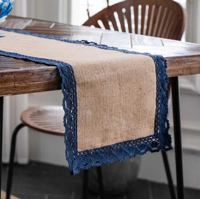 Rustic Jute Table Runner with Lace Tassels for Wedding Party Decoration|Home Decor Table Linens
