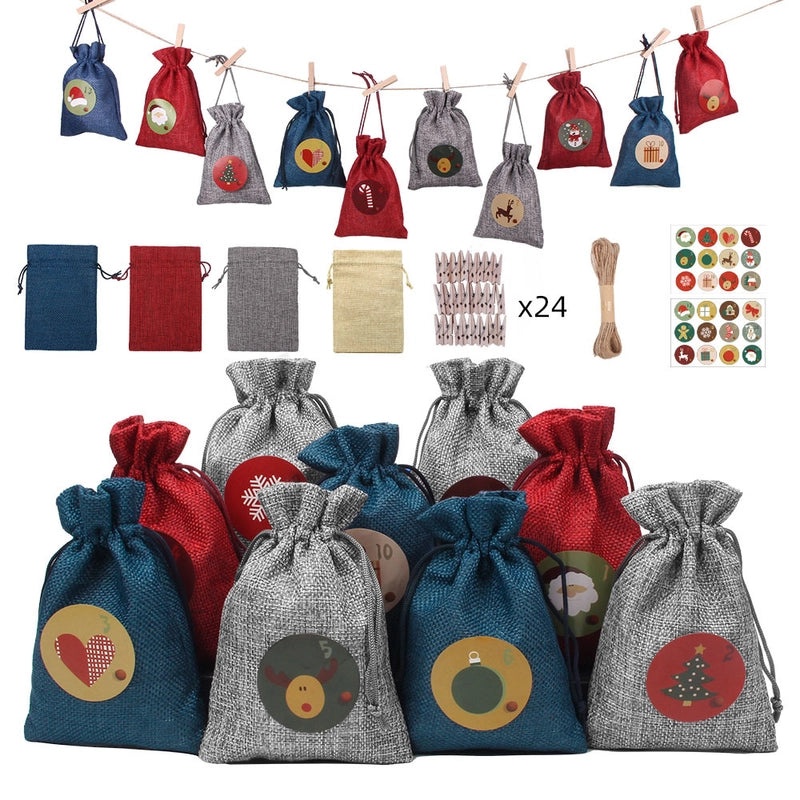Colorful Christmas Linen Drawstring Gift Bags Cartoon Candy Pouch Set 24pcs | Holiday Gift Bags