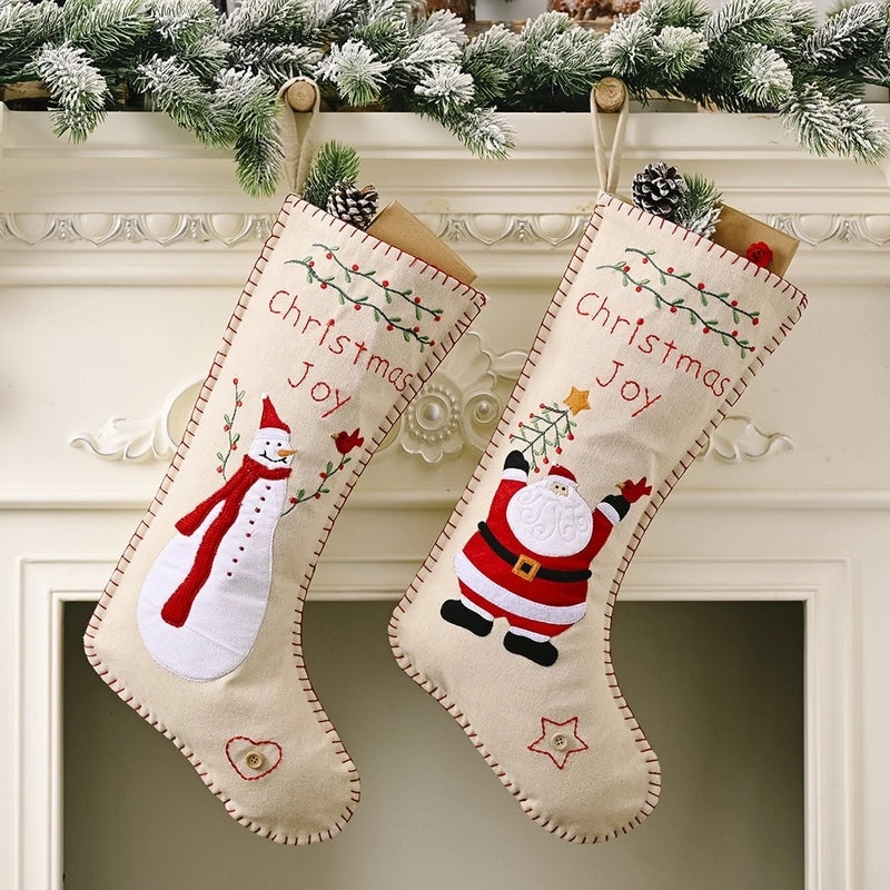 Embroidered Linen Christmas Socks Ornament with Gift Bag|Home Decor & Holiday Accessories