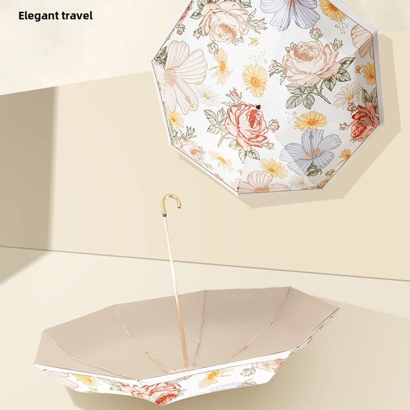 Ultra-Light Small Gold Hook Foldable Sun Umbrella 50% UV and Rain Protection Compact Women’s Parasol|Sun Umbrellas & Parasols