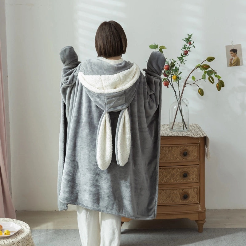 Korean Style Rabbit Ear Hooded Blanket Shawl Soft Cozy Air-conditioning Nap Sofa Wrap for Home|Home Textiles & Blankets