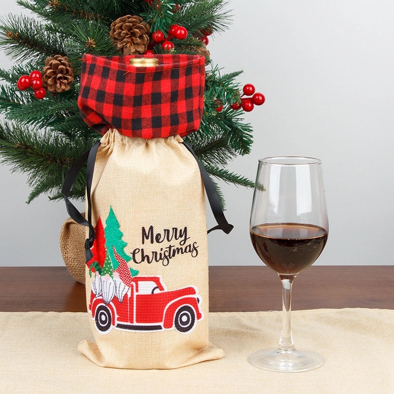 Christmas Wine Bottle Cover Linen Plaid Bag Holiday Home Decor Festive Family Atmosphere | Home Decorations