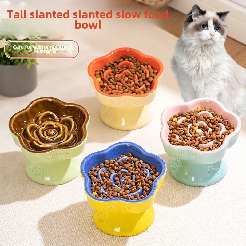 Ceramic Elevated Slow Feeder Bowl for Small Dogs and Cats | Pet Feeding Bowls