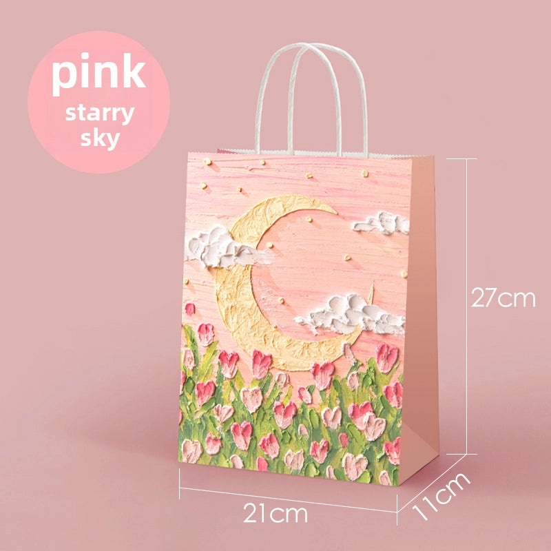 Oil Painting Kraft Paper Tote Bag Custom Gift Bag for Milk Tea Baking Takeaway Student Use|Gift Bags & Packaging