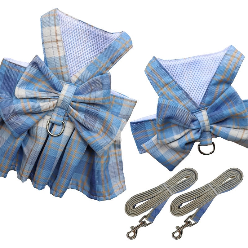 Plaid JK Skirt Pet Leash with Chest Strap Dog Cat Walking Harness and Teddy Hair Accessories|Pet Supplies