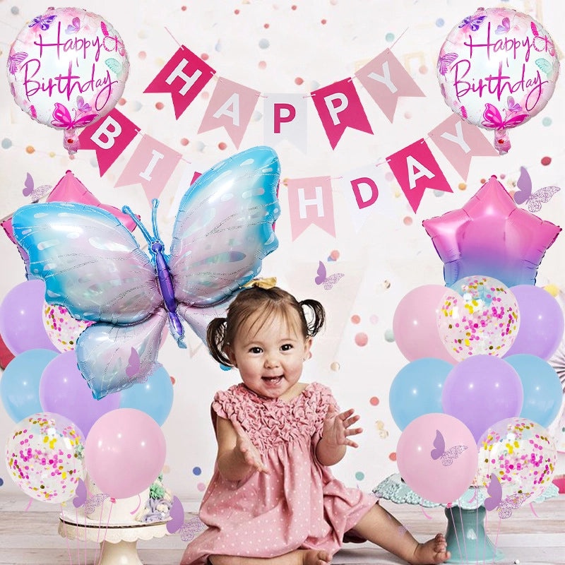 Sweet Birthday Balloons with Star and Butterfly Letters in Aluminum Foil | Party Decorations
