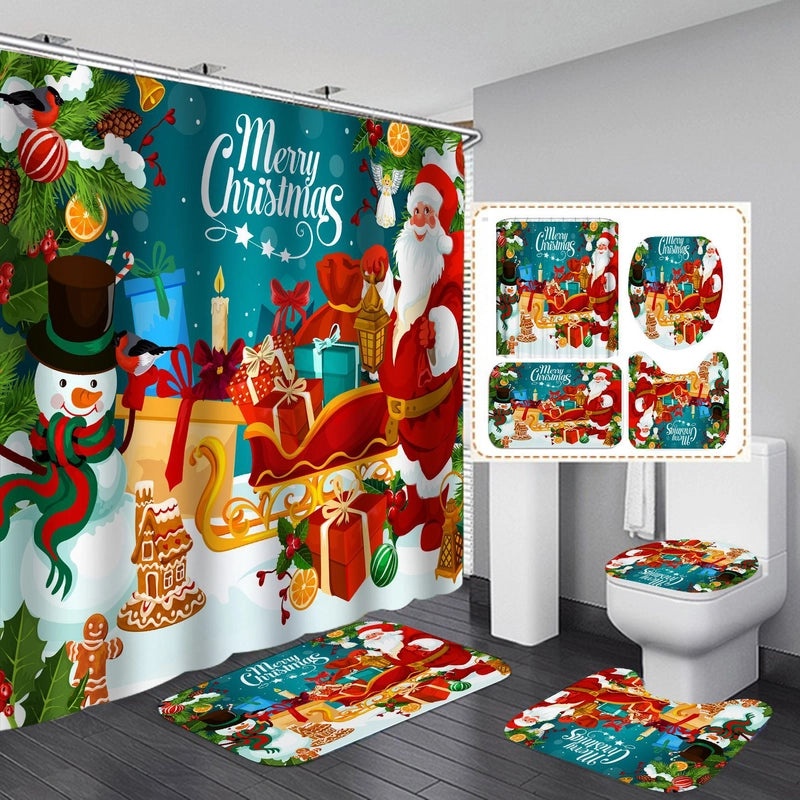 Cute Christmas House Shower Curtain with Santa Claus and Snowman Design|Home Decor & Bath Accessories