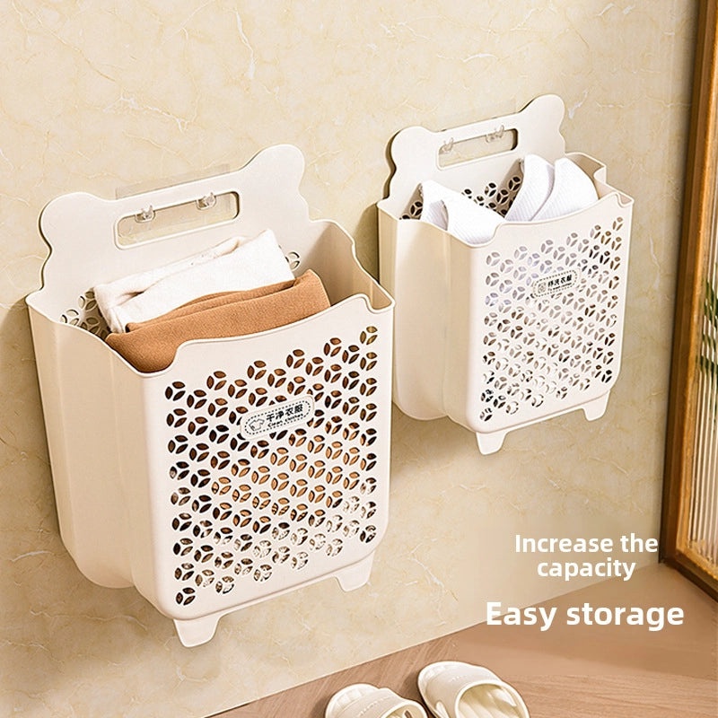 Wall-Mounted Foldable Laundry Basket Non-Perforated Storage Barrel for Dirty Clothes | Home Storage & Organization