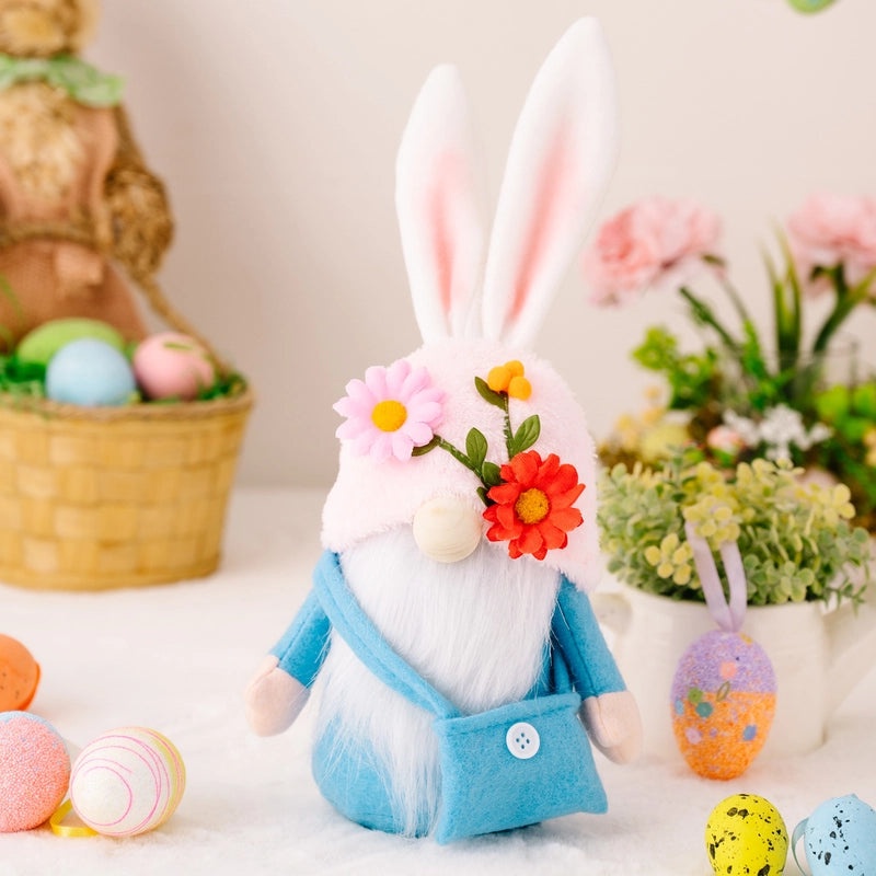 Easter Rabbit Doll with Fresh Flower Hat Holding Radish - Office & Home Decoration | Seasonal Decor