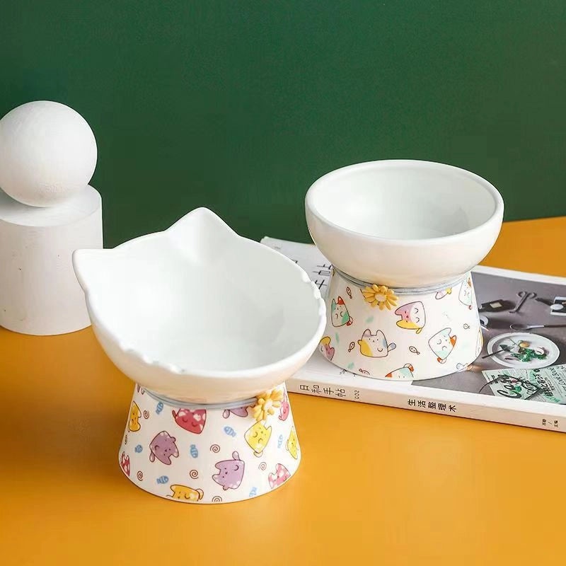 Ceramic Cat and Dog Food Bowl Anti-Tip Elevated Design Inclined Mouth Cute Cat Shape Drinking Basin|Pet Supplies Bowls