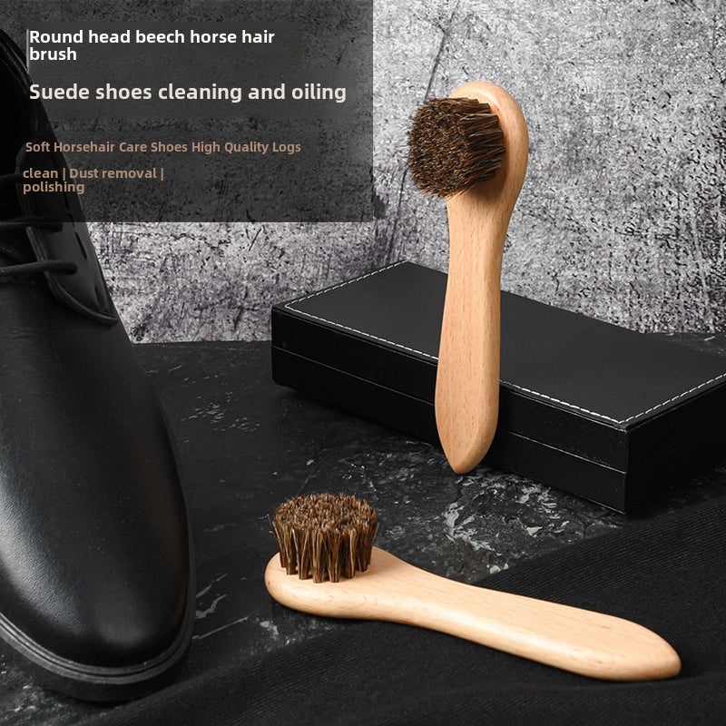 Wooden Handle Shoe Brush with Beech Wood and Horsehair for Leather and Suede Polishing | Shoe Care & Cleaning Tools