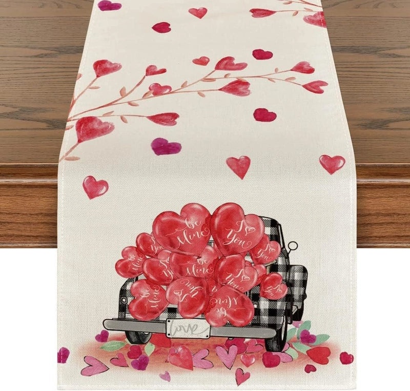 Romantic Heart Shape Rose Linen Table Runner for Valentine’s Day | Home Decor/Table Linens