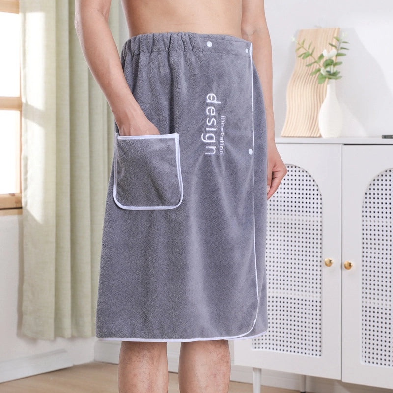 Men's Coral Fleece Bath Skirt Quick-Dry Thick Absorbent Wearable Bath Towel with Embroidery | Bath & Body Accessories
