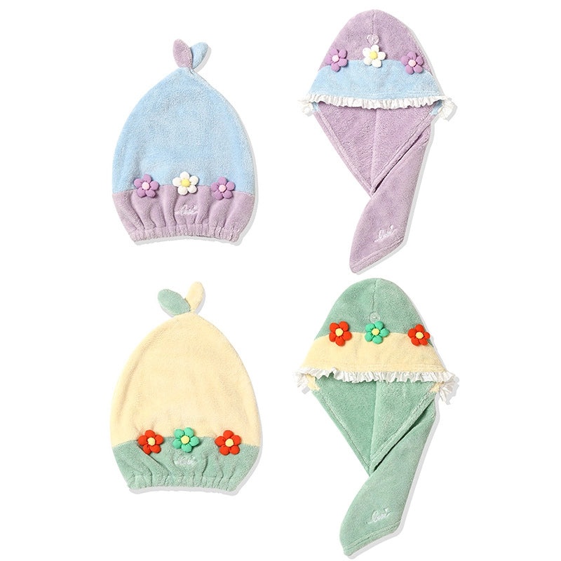 Color Block Floral Coral Fleece Hair Drying Cap Soft Absorbent Bath Towel | Bath Accessories