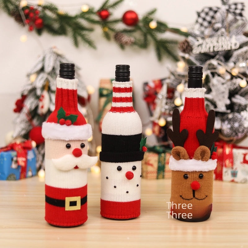 Ming Crown Christmas Wool Belt Bottle Cover Set Festive Dining Table Kitchen Decor|Home & Kitchen Decorations