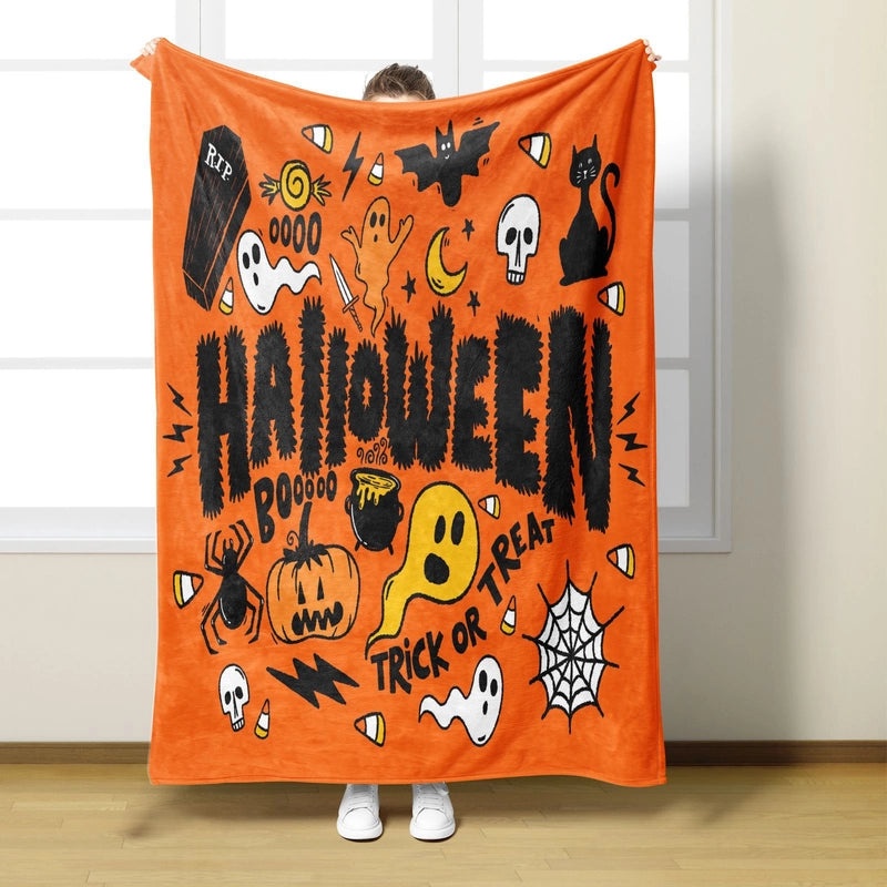 Halloween Cozy Pumpkin Cat Skull Polyester Throw Blanket | Home Decor & Throws